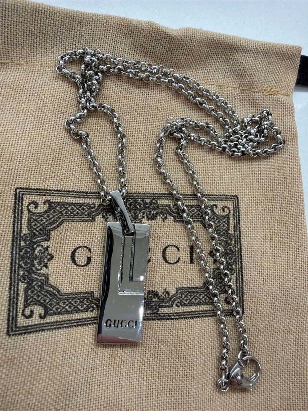 Gucci Men's Polished Silver Rectangular Pendant Necklace